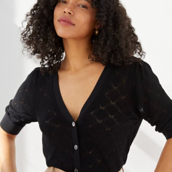 ZARA Pointelle Knit Short Sleeve Button Down Crop Cardigan Black Sz L - Picture 1 of 8